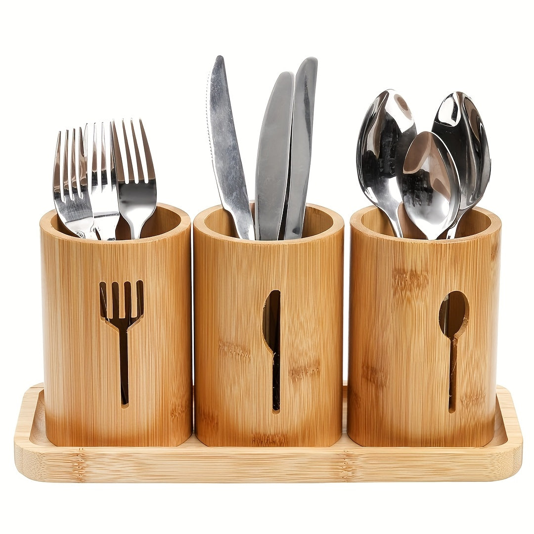 Juego de 4 piezas, caja de almacenamiento de cubiertos de bambú, soporte de utensilios de cocina de granja rústica, soporte de cuchillos y tenedores, suministros de almacenamiento ideales para cocina y restaurante.