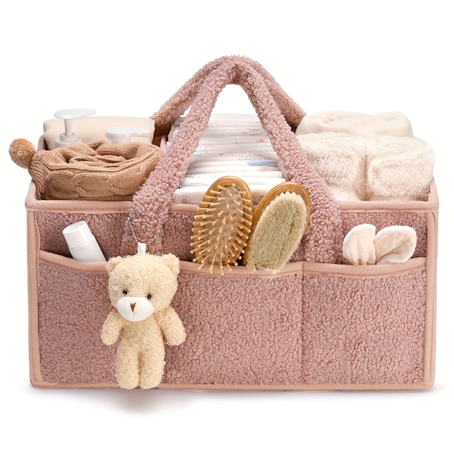 Organizador de pañales de felpa rosa con múltiples compartimentos - Cesta de almacenamiento portátil para pañales, toallitas y artículos esenciales, regalo de ducha perfecto, diseño clásico, interior de tela suave.