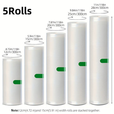 Juego de 5 Rollos Selladores al Vacío Libres de BPA, Bolsas Texturizadas Duraderas y Resistentes a Perforaciones, Ancho Variado (Diversos Anchos) y 3 Metros Cada Uno, Perfecto para la Conservación de Alimentos, Sous Vide y Almacenamiento en Gran Volume,