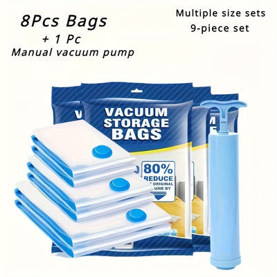 9 paquetes de bolsas de almacenamiento al vacío con bomba de aire manual, 2 XL + 3 grandes + 3 medianas, bolsas selladas que ahorran espacio, compresión hermética para ropa, almohadas, mantas, ropa de cama, plástico, no requiere energía, multiusos, forma