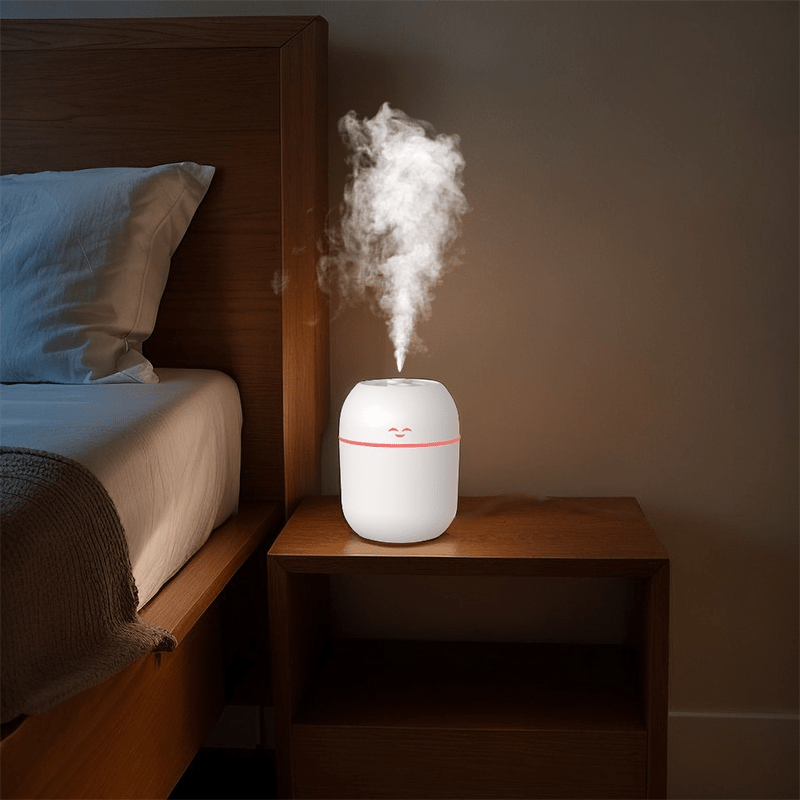 1 pieza de difusor de aceite esencial y humidificador alimentado por USB con luz nocturna que cambia de color, diseño de cara feliz, característica de niebla fresca y promoción de la salud de las plantas - Perfecto para el hogar, dormitorio, decoración d