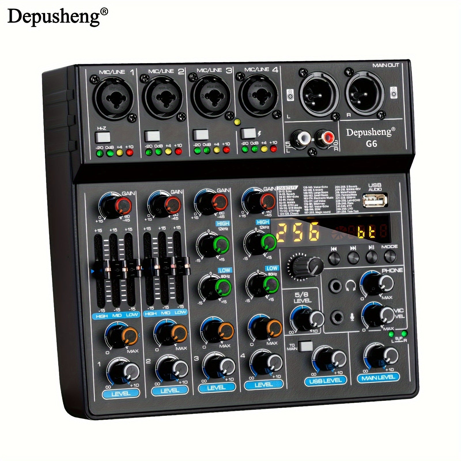 Consola de mezcla portátil G6 de DEPUSHENG, alimentada por USB, con 6 canales USB, controlador de sonido DJ con pantalla LCD, diseño compacto para grabación de PC, transmisión y uso en vivo, sistema de mezcla, apariencia simplificada, construcción de ale