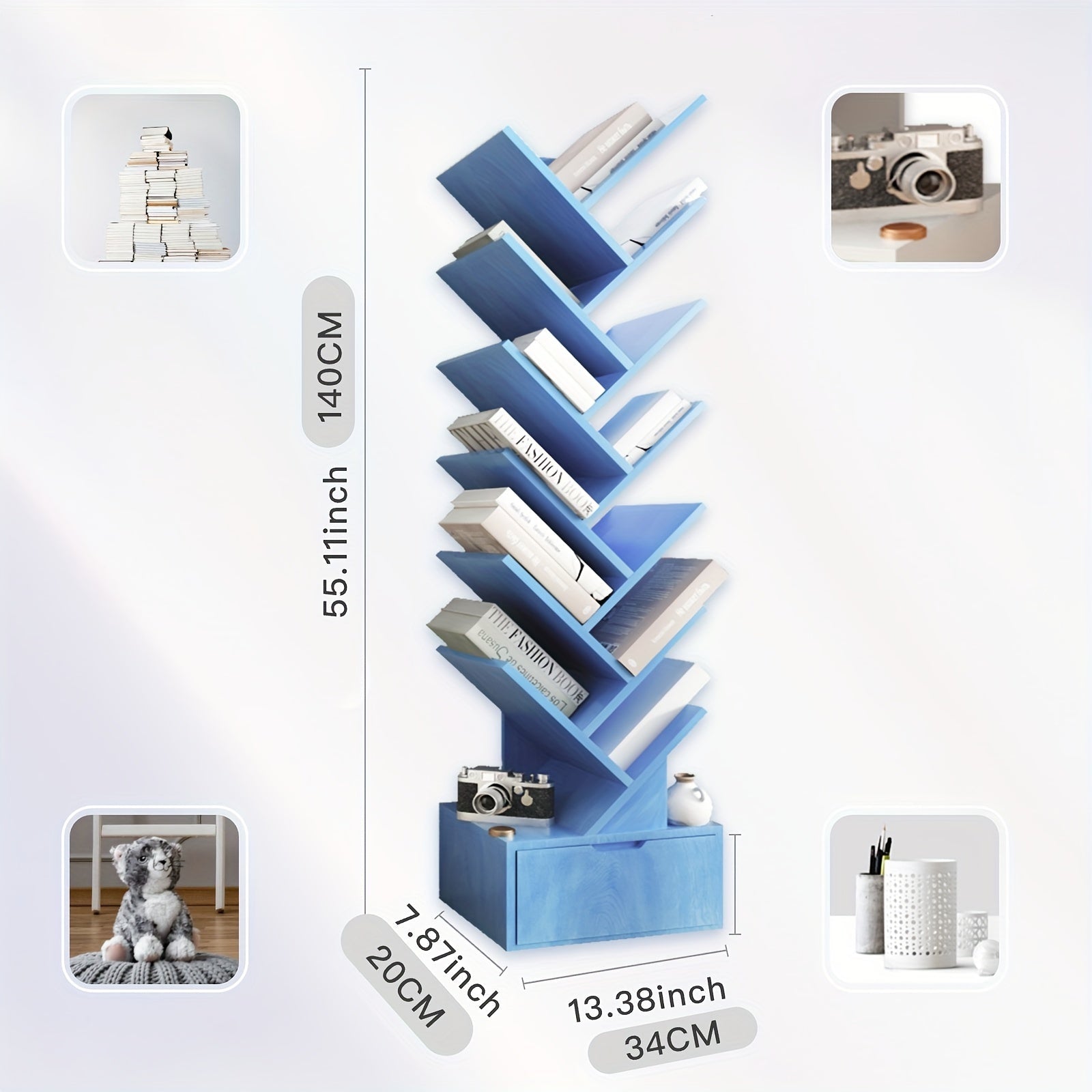 Estantería de Gran Capacidad Inspirada en Árboles Azules - Almacenamiento de Madera Multiusos para Libros, CDs y Más - Organizador de Suelo a Techo, Estantes de Almacenamiento