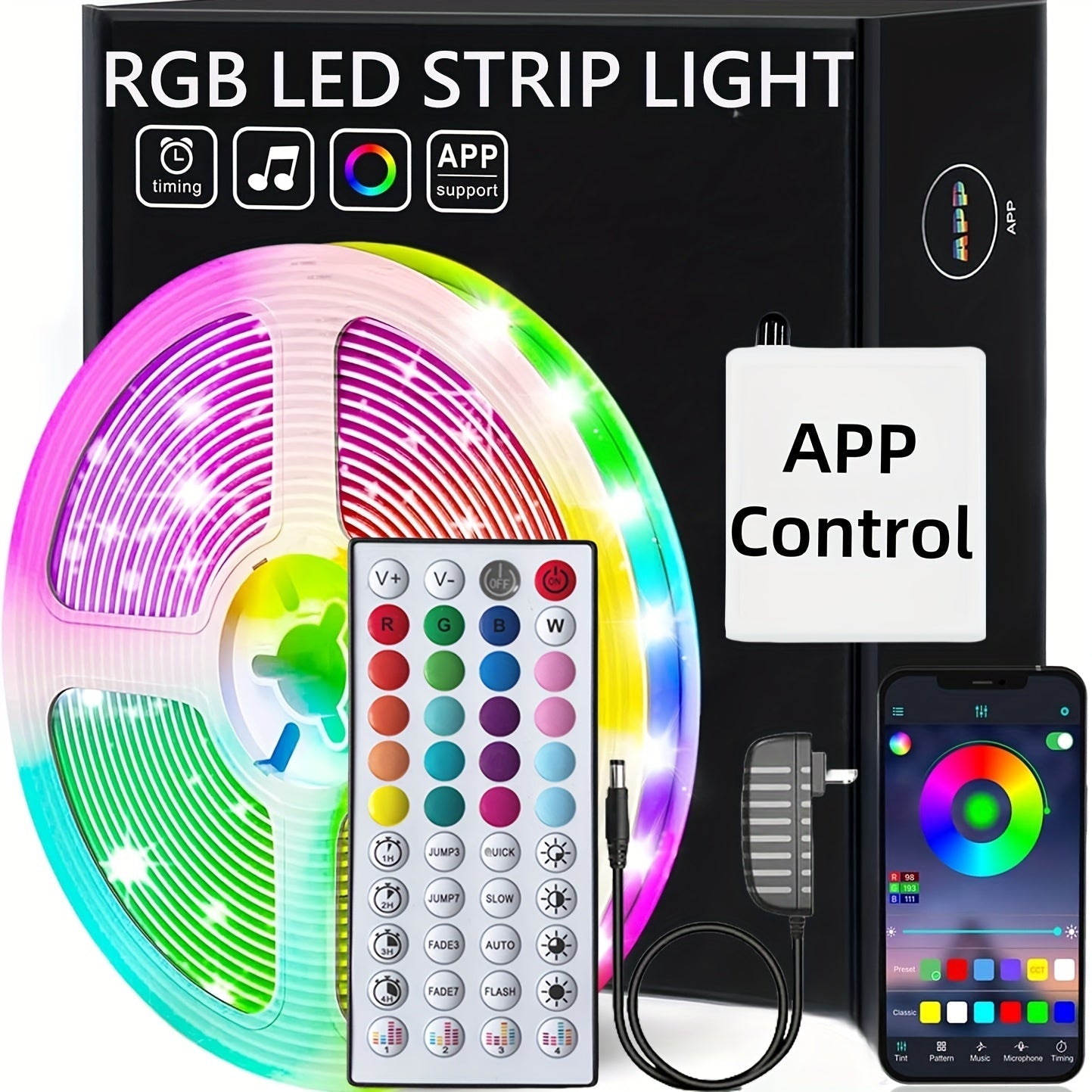 15m/50ft/590inch Tiras de Luces LED RGB con Control por App y Remoto, Sincronización Musical Cambio de Color, Temporizador, Regulable, Modo Blanco - Luces Inalámbricas para Interior en Navidad, Sala de Estar, Dormitorio, Decoración de Fiestas (Enchufe US