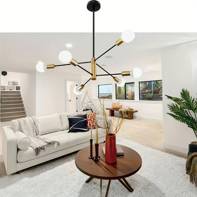 Luz de techo de 1 dormitorio 6/8 cabeza de lámpara moderna sencilla, luz de salón, color negro y cobre, base de bombilla E27, sin fuente de luz.