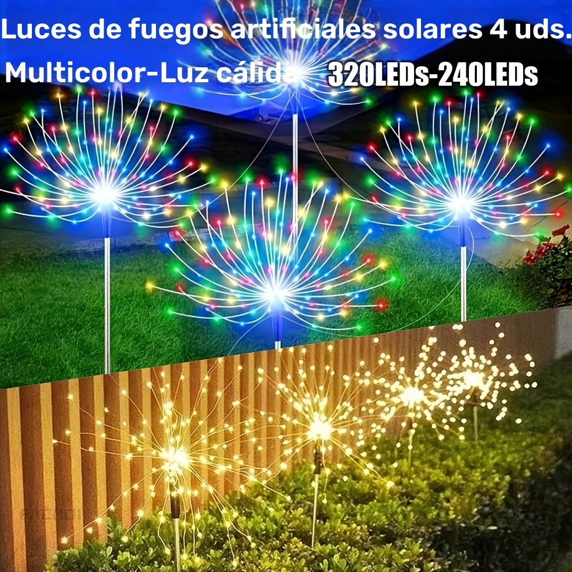 4 piezas de luces solares FACHOI tipo fuegos artificiales, multicolor y blanco cálido, 320 LED + 240 LED, 8 modos de iluminación, luces decorativas con alambre de cobre para jardín, camino, césped, decoración exterior, luces solares para exteriores