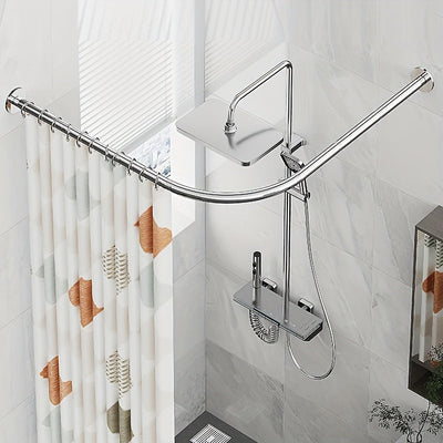 1pc Barra de cortina de ducha de esquina de acero inoxidable plateado, marco en forma de L, instalación sin orificios, adecuada para baño, bañera, tienda de ropa, accesorios de baño duraderos y elegantes al aire libre