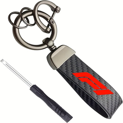 Llavero de fibra de carbono con diseño F1, 1 unidad, estilo negro y rojo de carreras, aleación de zinc resistente y cuero sintético, ideal para entusiastas del deporte y regalos nostálgicos, accesorios de carreras | Llavero elegante | Diseño de fibra de
