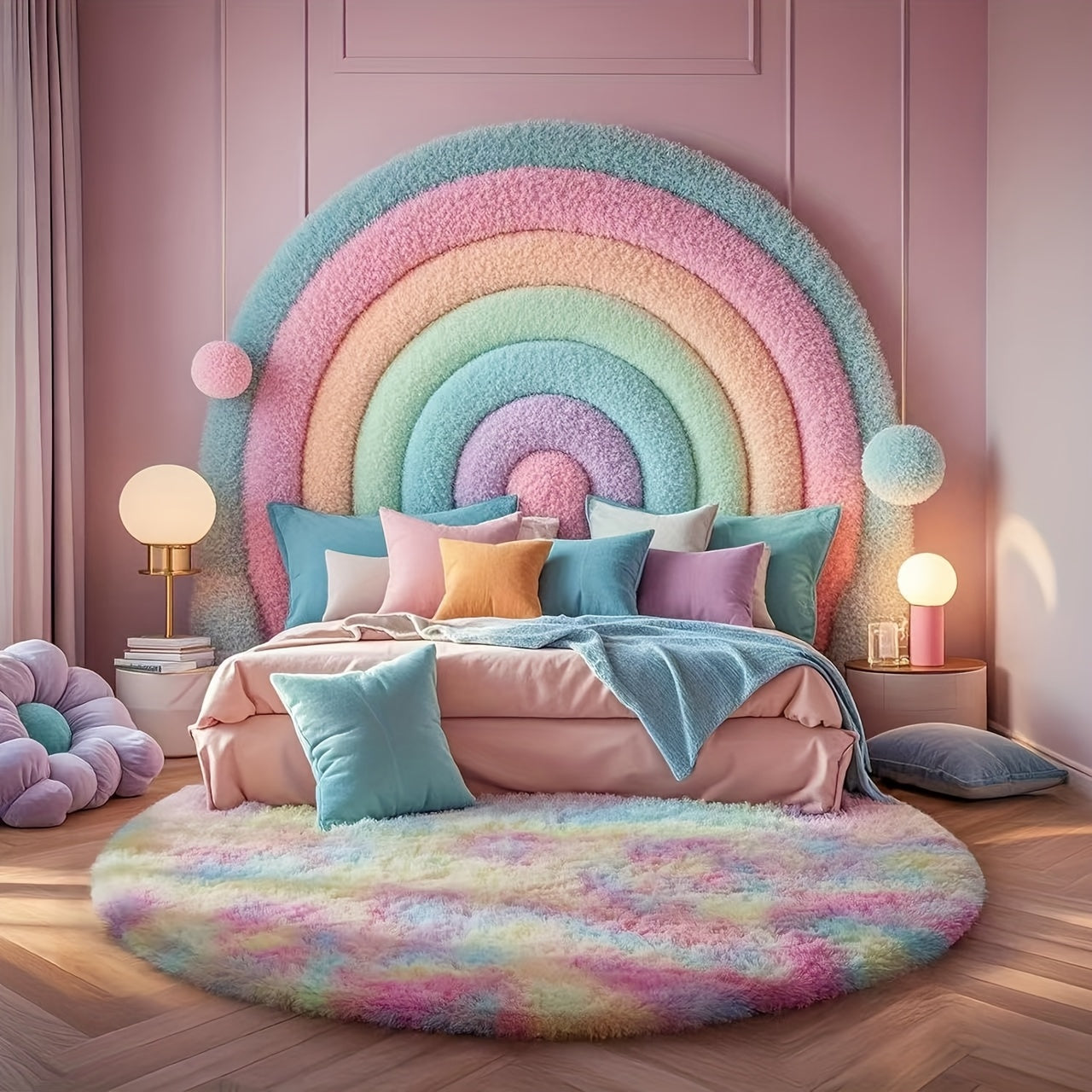 Alfombra suave de felpa arcoíris, moderna y lujosa, para sala y dormitorio, decoración del hogar, redonda, lavable a máquina, poliéster, decoración de dormitorio, acento vibrante para la habitación