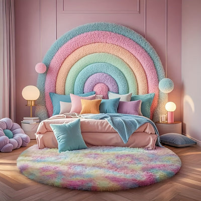 Alfombra suave de felpa arcoíris, moderna y lujosa, para sala y dormitorio, decoración del hogar, redonda, lavable a máquina, poliéster, decoración de dormitorio, acento vibrante para la habitación