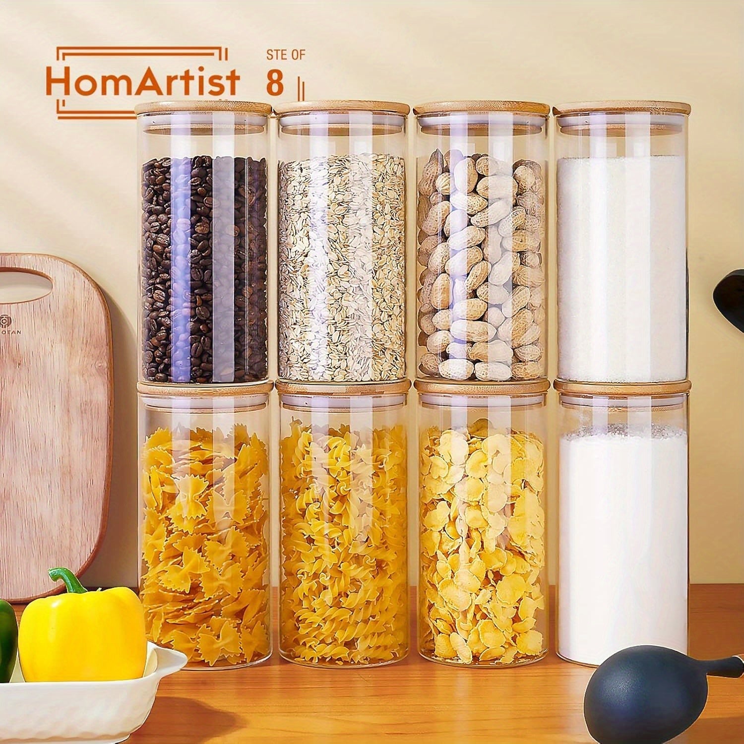 Tarros de vidrio cuadrados de 6 piezas con tapas de bambú de cierre, 27 OZ de contenedores de almacenamiento de alimentos herméticos para cocina y despensa, frascos de vidrio reutilizables para café, azúcar, té, dulces, galletas - Solo lavar a mano