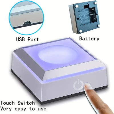 1 base de luz LED alimentada por batería USB o AAA, 3D de cristal, vidrio, acrílico o material transparente, base de exhibición con interruptor táctil sensible que cambia de color, 6,81 x 6,81 x 2,87 pulgadas, estilo Art Deco, patrón geométrico, iluminac