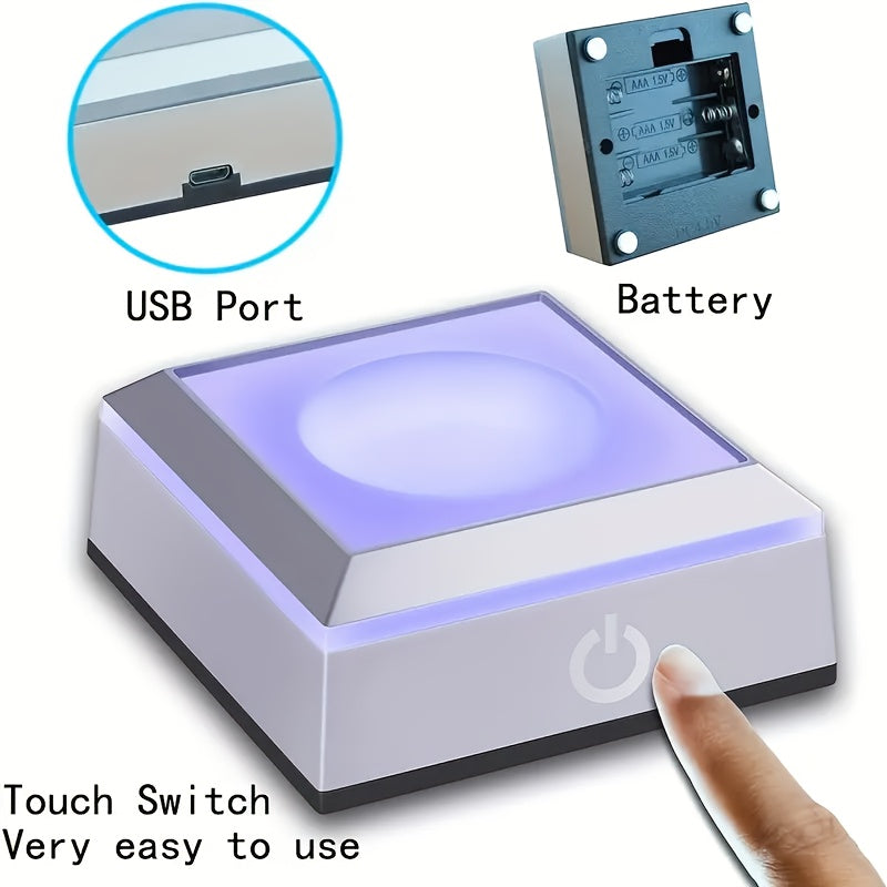 1 base de luz LED alimentada por batería USB o AAA, 3D de cristal, vidrio, acrílico o material transparente, base de exhibición con interruptor táctil sensible que cambia de color, 6,81 x 6,81 x 2,87 pulgadas, estilo Art Deco, patrón geométrico, iluminac