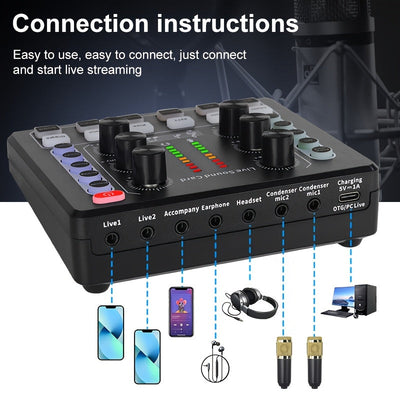 Kit Completo de Podcast con Tarjeta de Sonido V8 y Micrófono de Condensador - Jack de Audio Alimentado por USB para Grabación, Streaming, Juegos | Compatible con Computadoras, Smartphones | Incluye Tarjeta de Sonido en Vivo, Auriculares, Cables y Accesor
