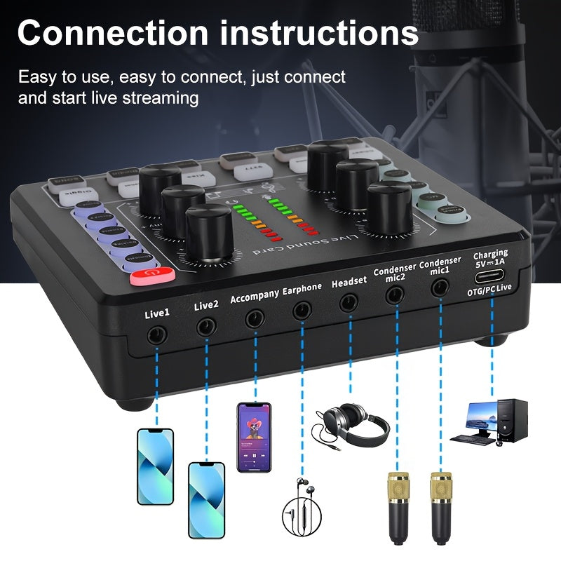 Kit Completo de Podcast con Tarjeta de Sonido V8 y Micrófono de Condensador - Jack de Audio Alimentado por USB para Grabación, Streaming, Juegos | Compatible con Computadoras, Smartphones | Incluye Tarjeta de Sonido en Vivo, Auriculares, Cables y Accesor