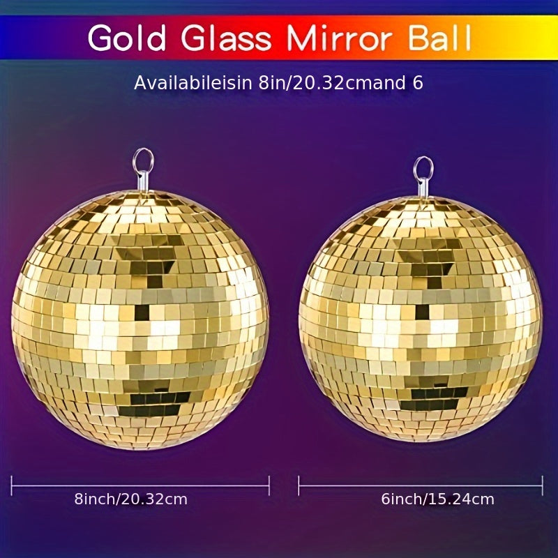 Esfera de Espejos Disco de 8 Pulgadas - Bola Dorada Brillante para DJ, Decoración de Bodas y Fiestas de Cumpleaños - Adorno Colgante sin Electricidad con Correa de Cadena - Temática Vintage, Acabado de Alta Calidad, Decoración para Clubes de Baile y Boda