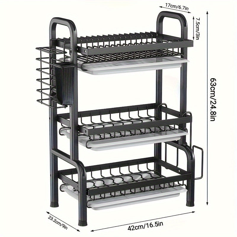 Escurridor de Acero Inoxidable de 3 Niveles | Ahorrador de Espacio Extra Grande para Cocina Familiar, con Bandeja Antiderrames y Divisor de Cubiertos - Organizador de Fregadero (5 en 1) que Sostiene Bloque de Cuchillos/Porta Palillos/Tacón de Cortar