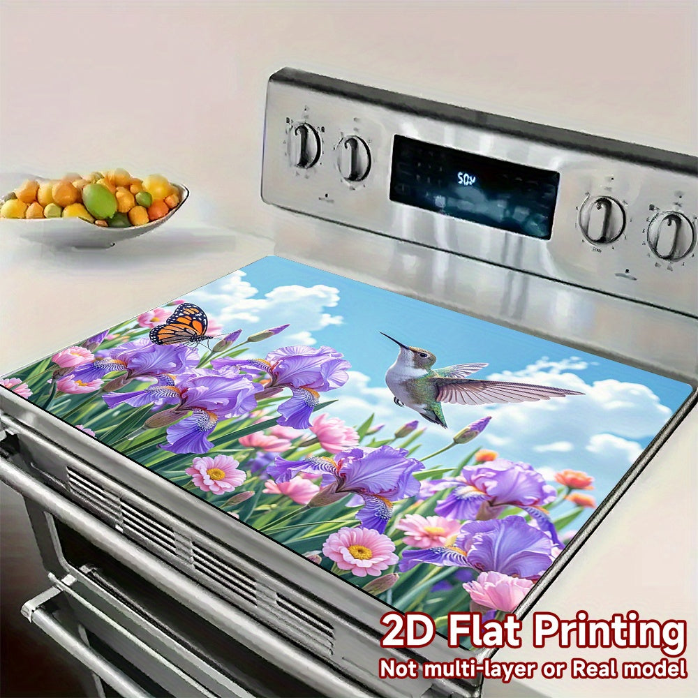 1pc Protector de Estufa - Diseño Floral con Irises Morados, Tulipanes Rosas y Follaje Verde - Superficie Resistente al Calor, Cubierta Antirrayaduras para Cocinas a Gas/Eléctricas - Decoración de Cocina Fácil de Limpiar, Compatible con Placas Inductoras,