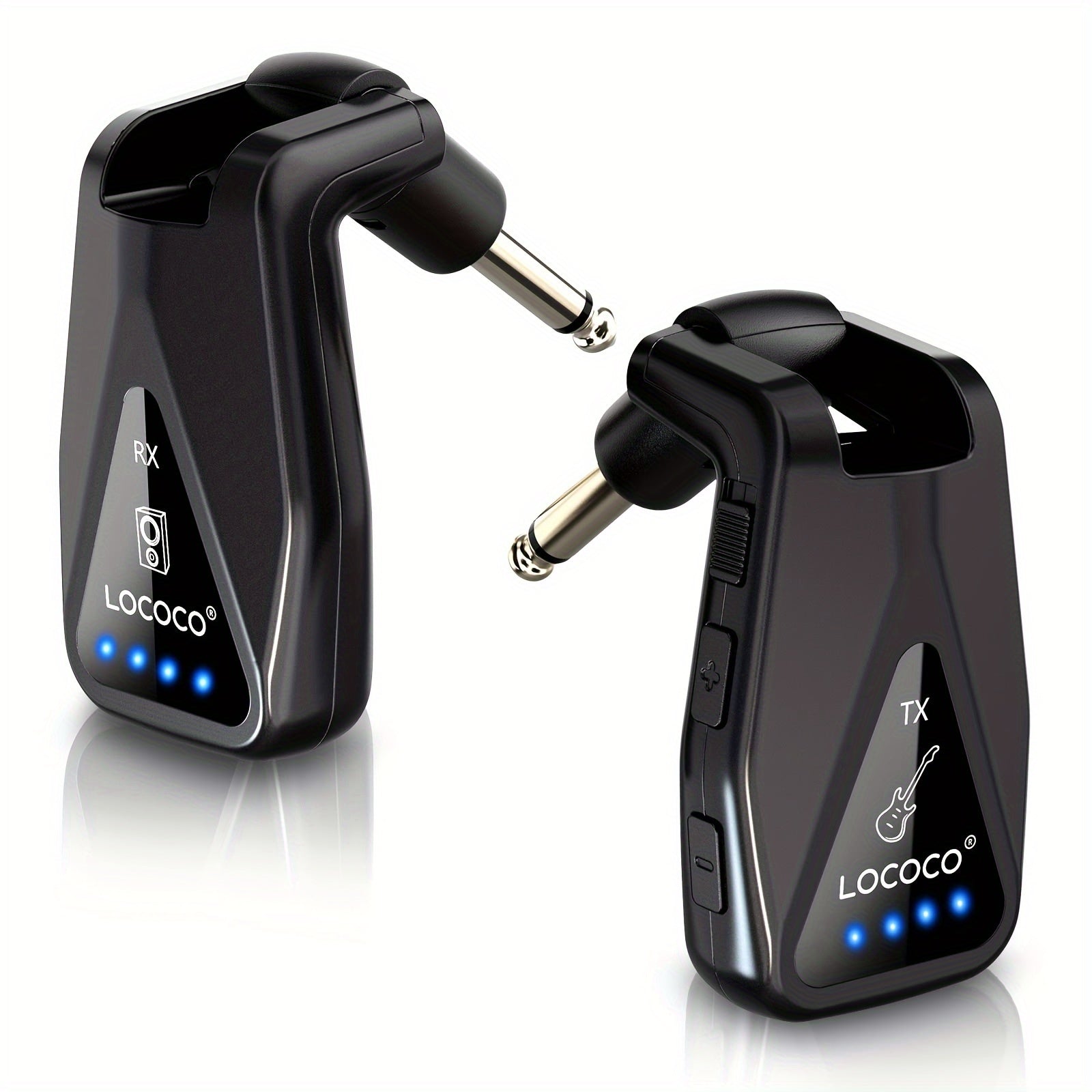 Sistema inalámbrico de guitarra, transmisor y receptor inalámbrico UHF para guitarra con indicador luminoso, 4 canales de audio recargables, alcance de 49,99 metros, Plug and Play, diseño de enchufe giratorio de 280° para guitarra eléctrica, bajo, amplif