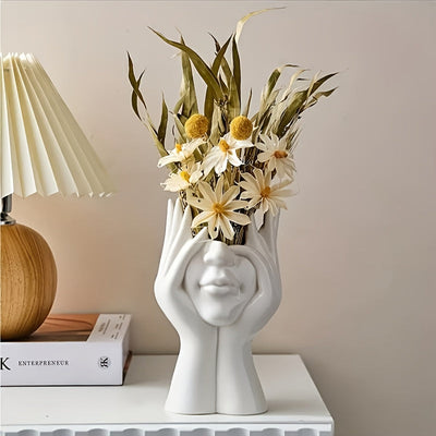 Jarrón de Resina Blanca con Cara Humana Abstracta - Decoración Moderna para el Hogar y Contenedor de Flores, Escultura Contemporánea para Sala de Estar, Oficina, Hotel, Jardín, Pieza Artística de Arte, Artesanía Intrincada, Perfecto para Acción de Gracias