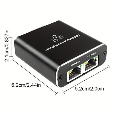 Divisor de red RJ45 de 1000M - 1 a 2 enchufes, conmutador de red portátil para dormitorios y hogares, extensor de cable de red Gigabit, alimentado por USB, no necesita batería, compatible con Windows y Mac, gestión de red | Acabado negro elegante | Diseñ