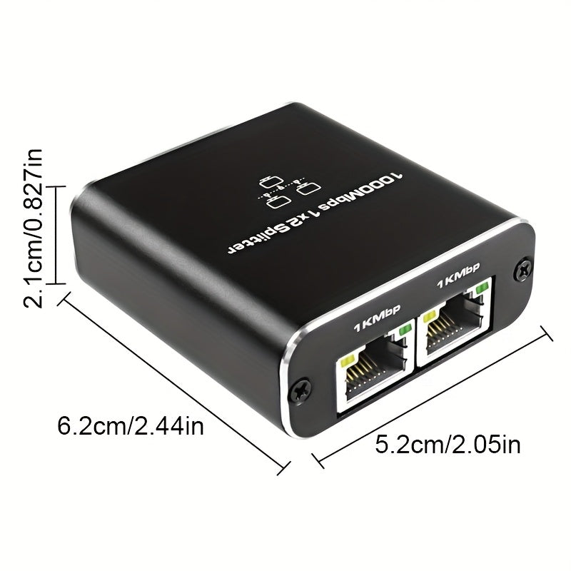 Divisor de red RJ45 de 1000M - 1 a 2 enchufes, conmutador de red portátil para dormitorios y hogares, extensor de cable de red Gigabit, alimentado por USB, no necesita batería, compatible con Windows y Mac, gestión de red | Acabado negro elegante | Diseñ