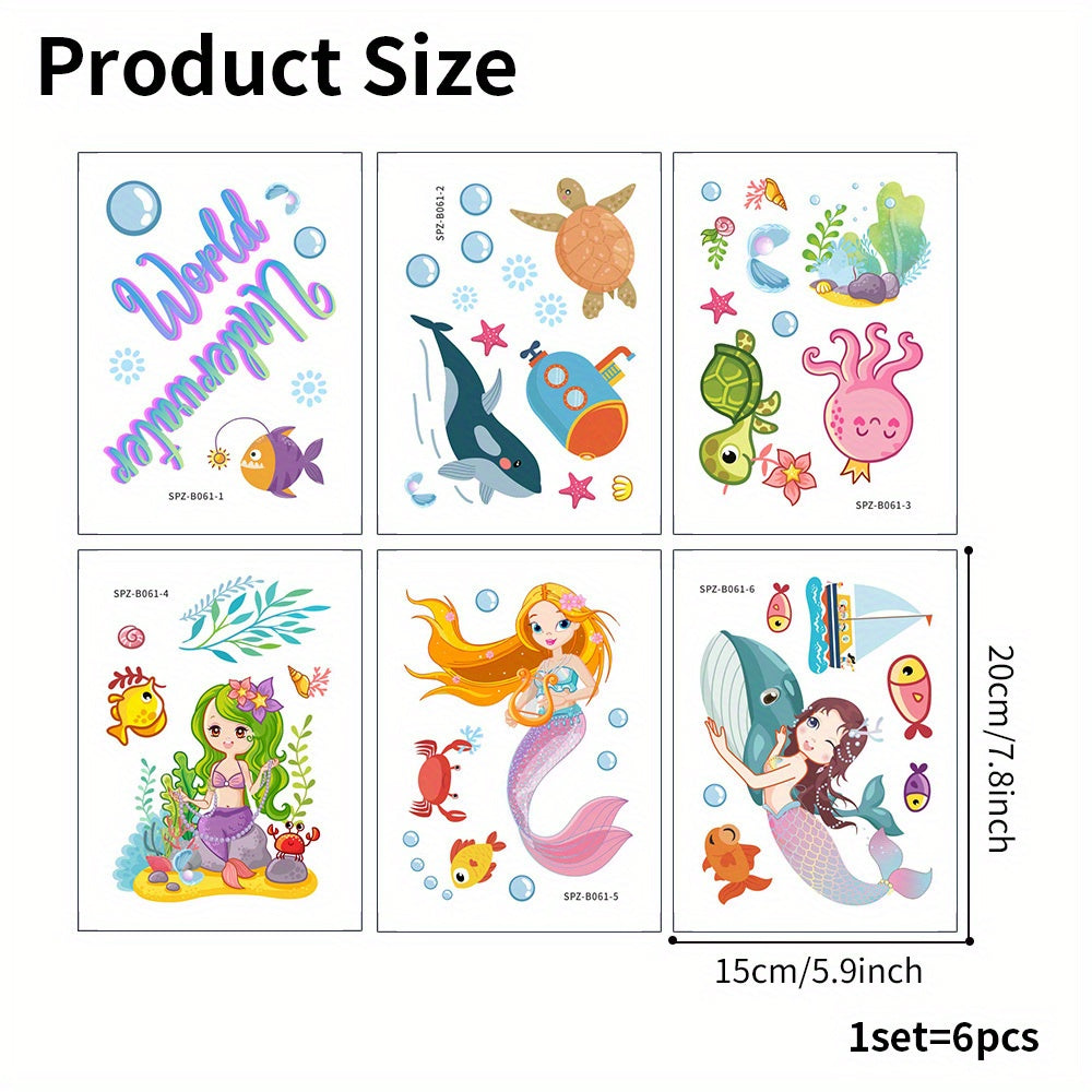 6pcs Pegatinas Antideslizantes de Sirena y Mundo Marino para Bañera - Impermeables, Calcomanías Esmeriladas para un Baño Seguro y Divertido