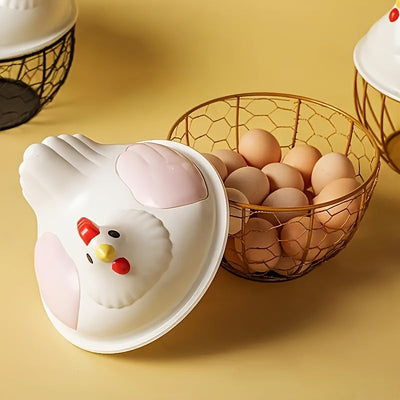 1 cesta de huevos estilo granja, no requiere energía, material duradero de plástico y hierro fundido, diseño blanco de pollo decorativo con pico y patas de colores, ideal para almacenamiento de cocina, soporte de huevos para refrigerador.