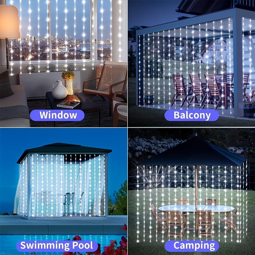 1 pieza de 118,5 pulgadas (298,7 cm) de luces de cortina solares - 8 patrones de luces de hadas, energía solar, estructura duradera - Perfecto para decoración de exteriores de boda, fiesta, balcón, patio y jardín con colores, blanco cálido y blanco. 1 pi