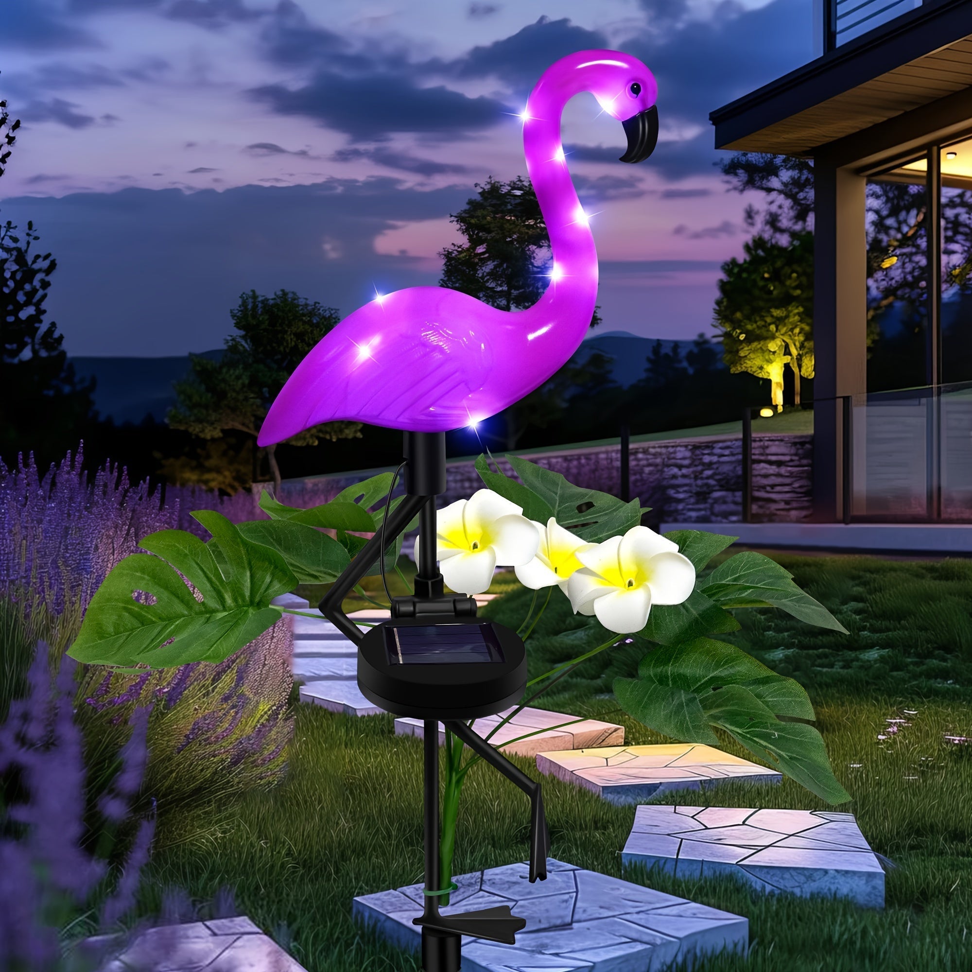 Lámpara solar decorativa para exteriores con forma de flamenco y hojas verdes, ideal para decoración de jardines y caminos, batería de 600 mAh, interruptor de encendido/apagado, regalo perfecto para ocasiones especiales, 50.8 cm
