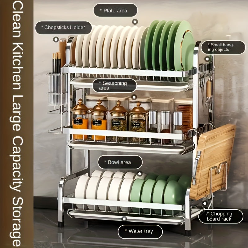 Organizador de cocina de acero inoxidable de 3 niveles con sistema de drenaje - Almacenamiento versátil para platos, utensilios y tablas de cortar, diseño de gran capacidad con soportes para cubiertos y utensilios, acabado de metal negro, organizadores y