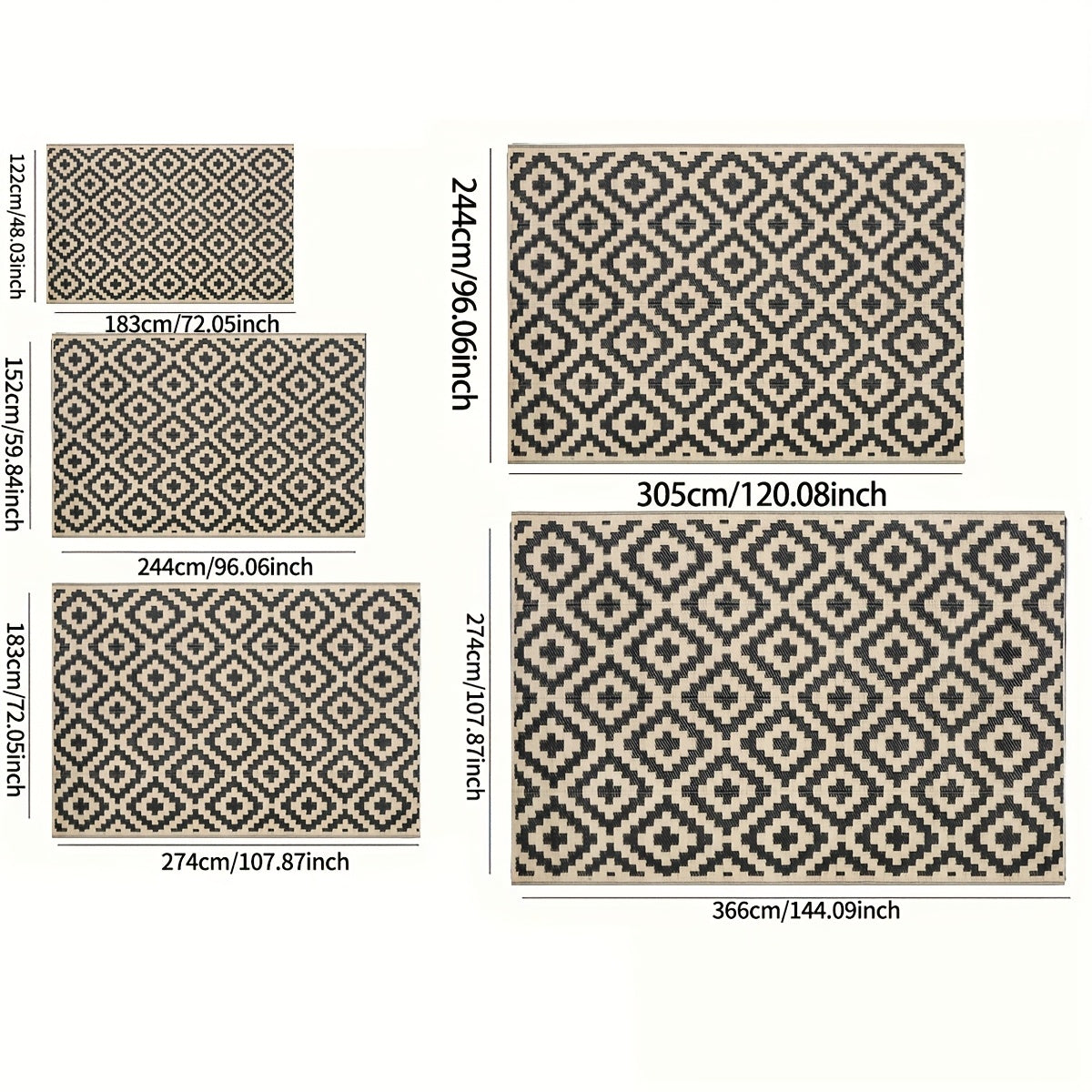 Tapete geométrico duradero de color negro y beige para exteriores - Tapete plegable de plástico para decks, patios, camping, playas y más - Hecho a máquina, ligero y fácil de limpiar, tapete para exteriores | Tapete con patrón geométrico | Tapete de plás