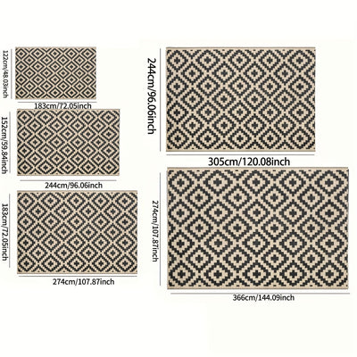 Tapete geométrico duradero de color negro y beige para exteriores - Tapete plegable de plástico para decks, patios, camping, playas y más - Hecho a máquina, ligero y fácil de limpiar, tapete para exteriores | Tapete con patrón geométrico | Tapete de plás