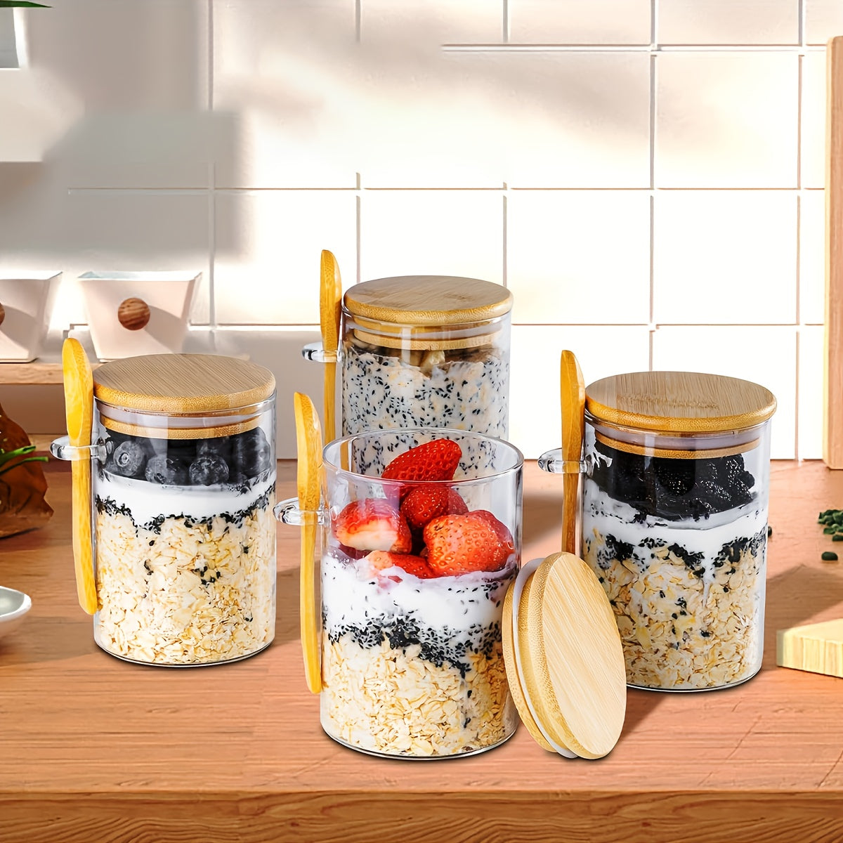 4 frascos de vidrio de 16 oz, tazón para avena, ensaladera, recipiente para preparar comidas con tapa y cuchara, ideal para semillas de chía, yogur, pudín, ensaladas, cereal y perlas