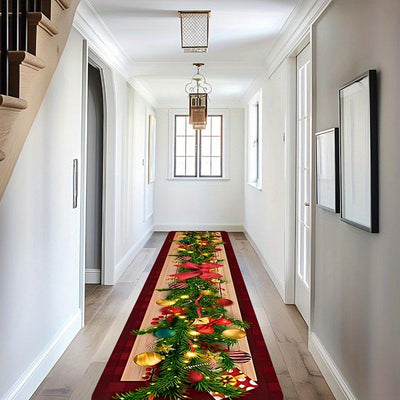 Alfombra de pista de moda navideña de 1 pieza, con un grosor de 1,1 cm + adhesivo antideslizante + más de 500 gramos por metro cuadrado, diseño de árbol festivo con pelotas navideñas y arco, alfombra de corredor, decoración navideña de granja rural, alfo