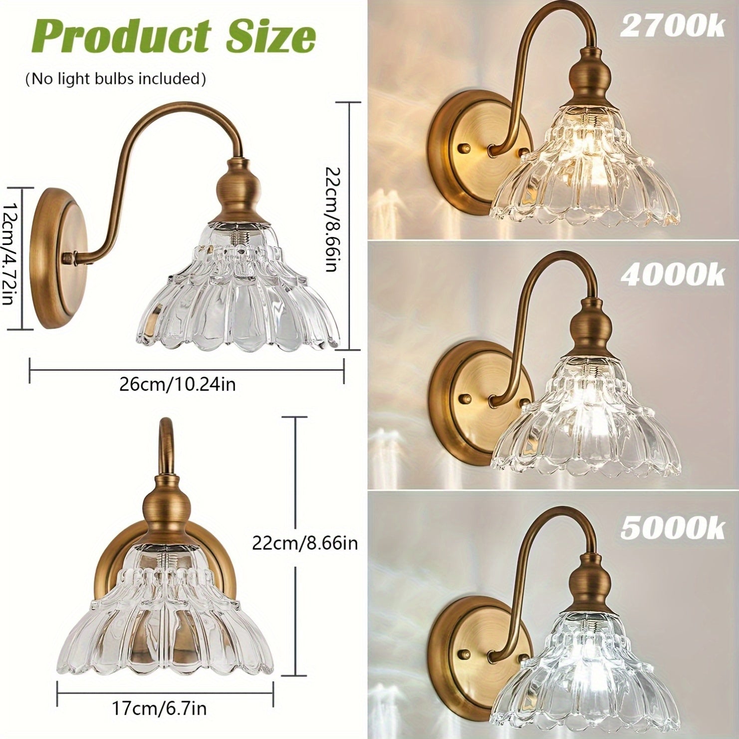 1 pieza de lámpara de pared vintage dorada, cuerpo de cobre chapado y patrón de vidrio presionado, lámpara de tocador vintage, adecuada para dormitorio, puerta, pasillo, corredor, sin bombilla.