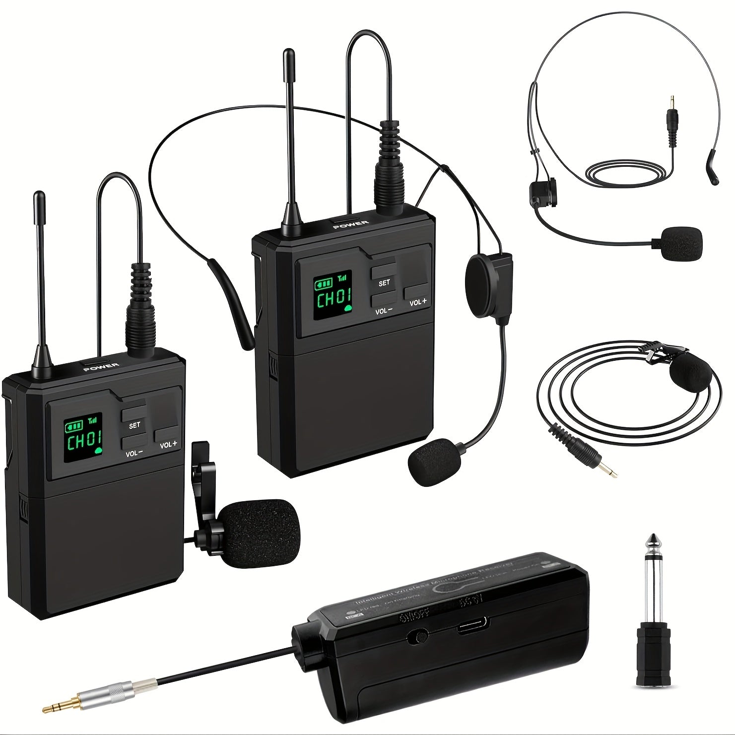 Sistema de micrófonos inalámbricos doble con receptor recargable, entrada de 3.5mm, control de volumen y clip para smartphones, bocinas PA, grabación, enseñanza, iglesia y vlogging - Negro, micrófono inalámbrico para cantar