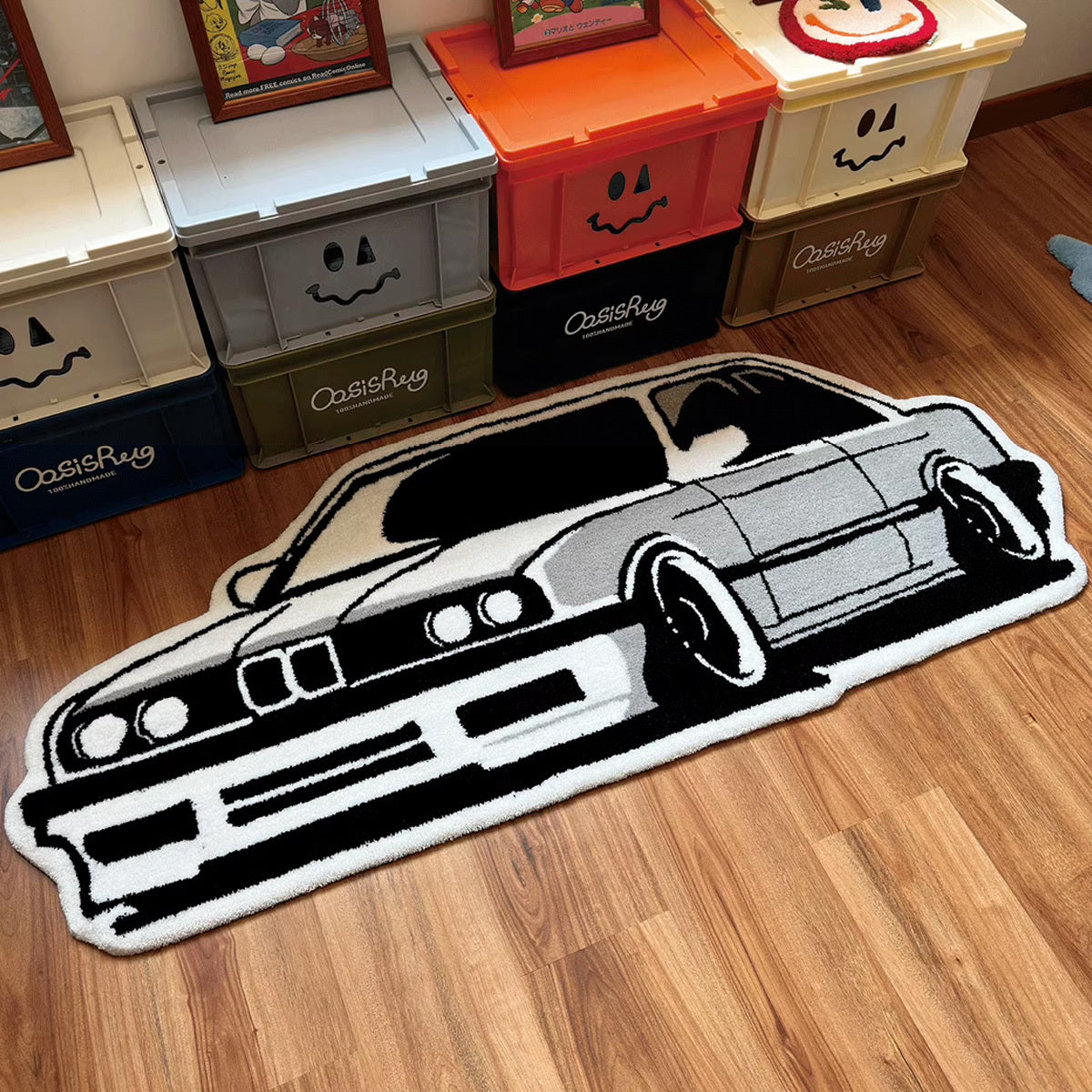 1 alfombra con diseño de autos vintage, suave como cachemir falsa, respaldo antideslizante, 10 mm de grosor, 1000 g/m², lavado a mano, 100% poliéster, para sala, dormitorio y áreas informales
