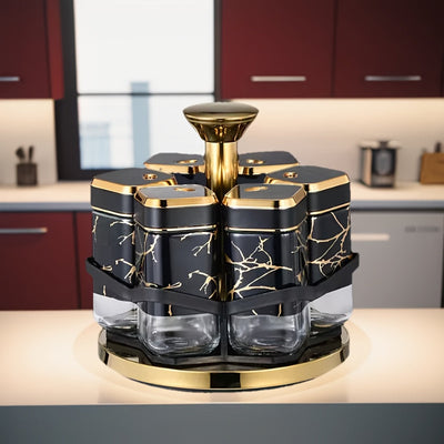 [Tarros de Especias de Vidrio Dorados] Set de 6 pzas de Tarros de Especias de Vidrio con Acentos Dorados - Contenedores Giratorios Seguros para Alimentos - Botellas de Condimentos para Cocina con Estante para Especias