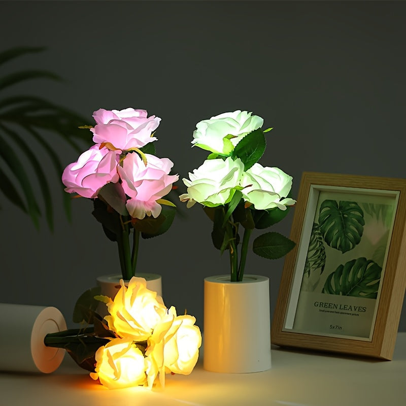 1pc Luz Nocturna Realista de Rosa Floral - Ramo LED en Rosa/Blanco, Funciona con Pilas AAA (No Incluidas) - Decoración para Mesa, Iluminación para Bodas/Fiestas/Escenarios - Baja Tensión Segura, Regalo Ideal para Cumpleaños/Nadal o Eventos, Ambiente Enca