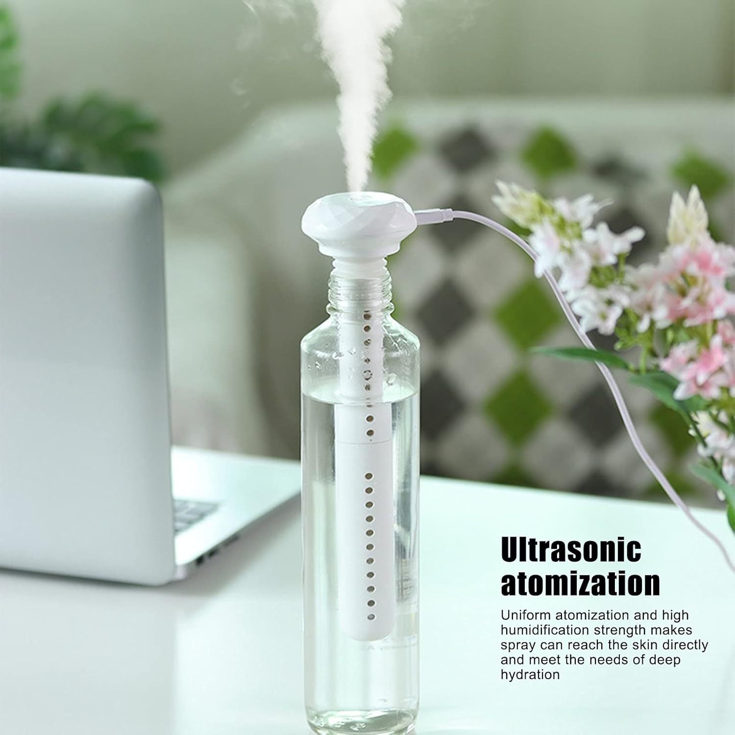 Humedificador Portátil Mini, Humidificador de Escritorio USB para Plantas Oficina Bebé Dormitorio, Purificador de Niebla Fría sin Contenedor de Agua para Hogar Coche Viajes, Blanco