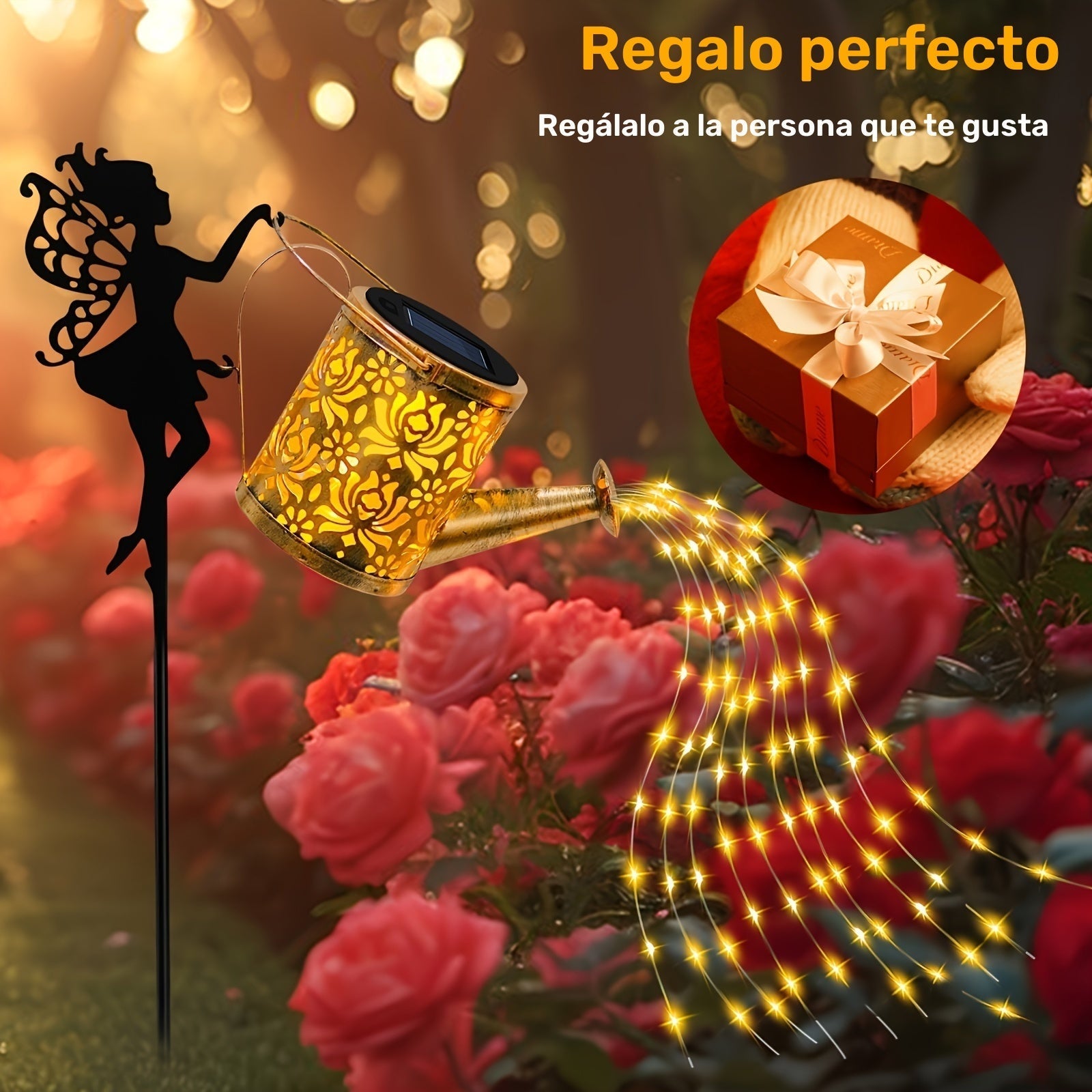 Ángel Hada de Sol con Tetera Luminosa | Decoración de Jardín con Luces LED y Paneles Solares | Diseño Metálico Vintage para Exteriores | Iluminación de Alta Calidad para Caminos y Patios | Regalo Perfecto para Halloween y Navidad | Plástico y Metal Durad