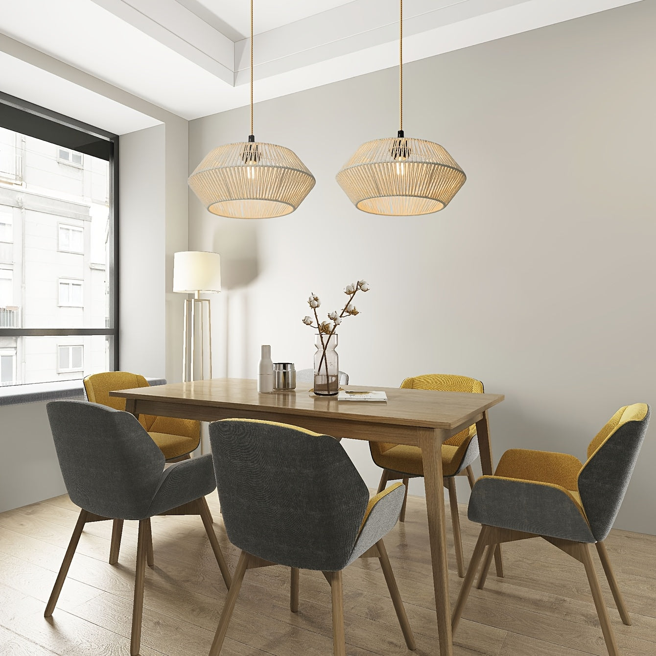 Elegante Pantalla de Luz Colgante de Cuerda de Papel Tejido a Mano - Estilo Moderno con Acento de Metal Negro, Ideal para Balcón, Comedor y Ambiente de Hotel, Pantalla Decorativa | Encanto Rústico | Suspensión de Madera, Decoración de Habitación