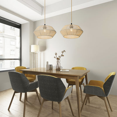 Elegante Pantalla de Luz Colgante de Cuerda de Papel Tejido a Mano - Estilo Moderno con Acento de Metal Negro, Ideal para Balcón, Comedor y Ambiente de Hotel, Pantalla Decorativa | Encanto Rústico | Suspensión de Madera, Decoración de Habitación