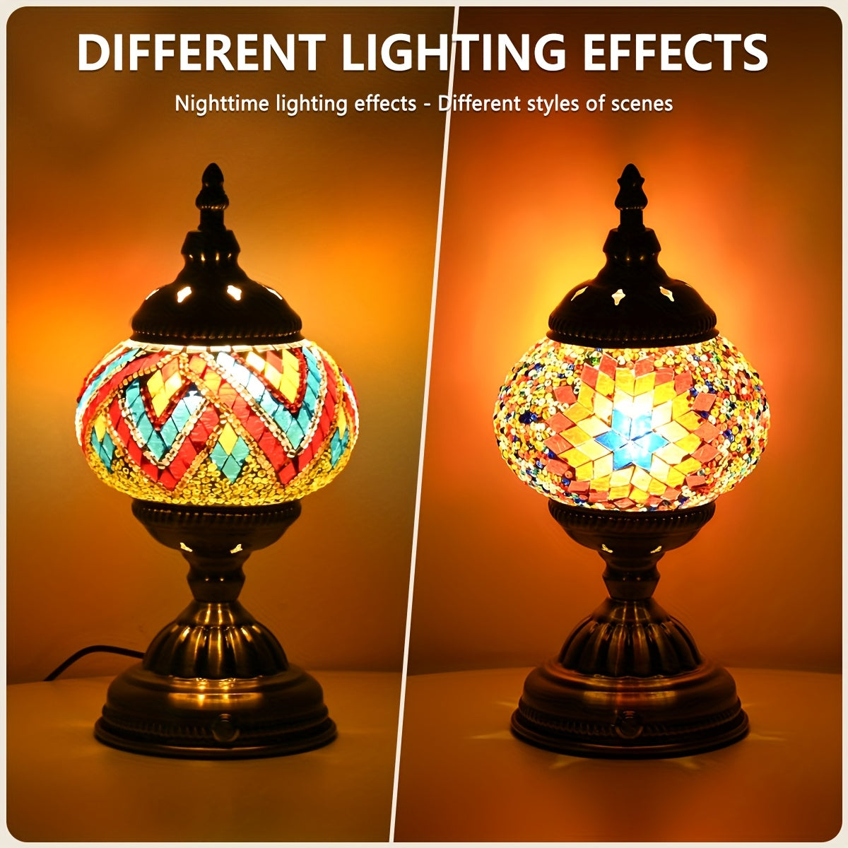 Enchufe USB con bombilla LED, lámpara artesanal estilo turco-marroquí, base de bronce, patrón de vidrio mosaico colorido al estilo Tiffany, luz nocturna de 11 pulgadas para dormitorio y estudio, iluminación decorativa