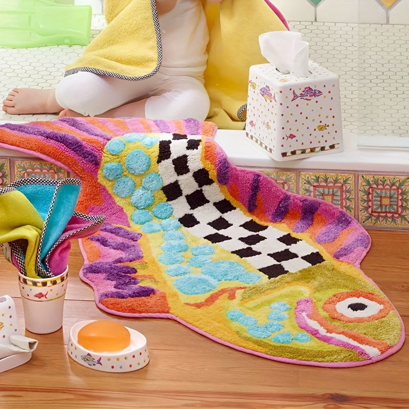 Alfombra de baño con diseño de pez divertido, colorida, absorbente y gruesa, con patrones a cuadros, lavable a máquina, resistente al desgaste, ideal para decoración de baño