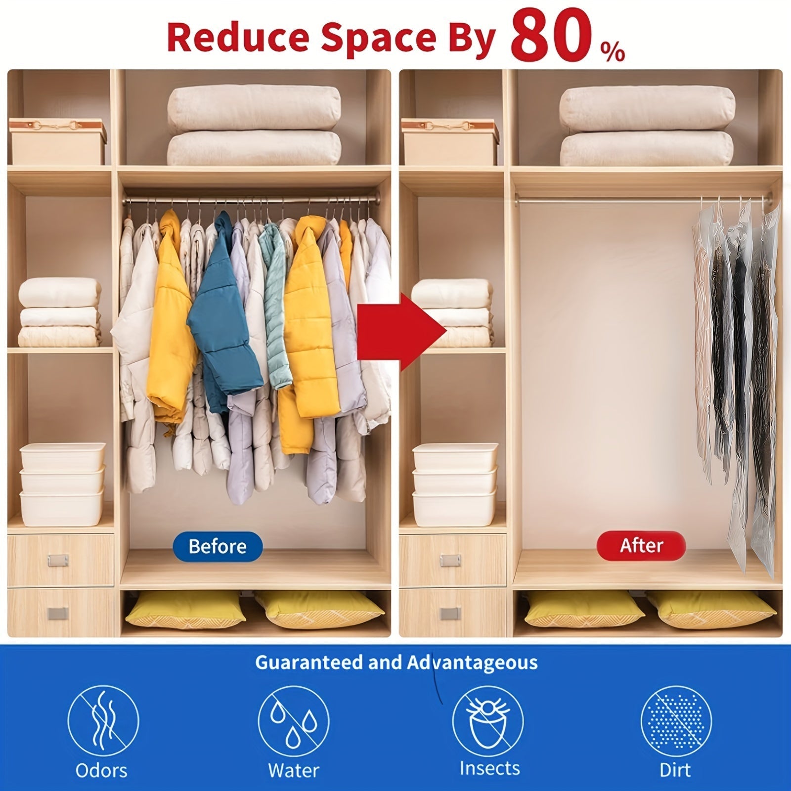 Bolsas de almacenamiento de vacío colgantes de 5 piezas, bolsas de ropa de plástico rectangular multipropósito con cierre de cremallera para abrigos de invierno, trajes, chaquetas y chaquetas de plumón - Organizador de armario ahorrador de espacio, no ne