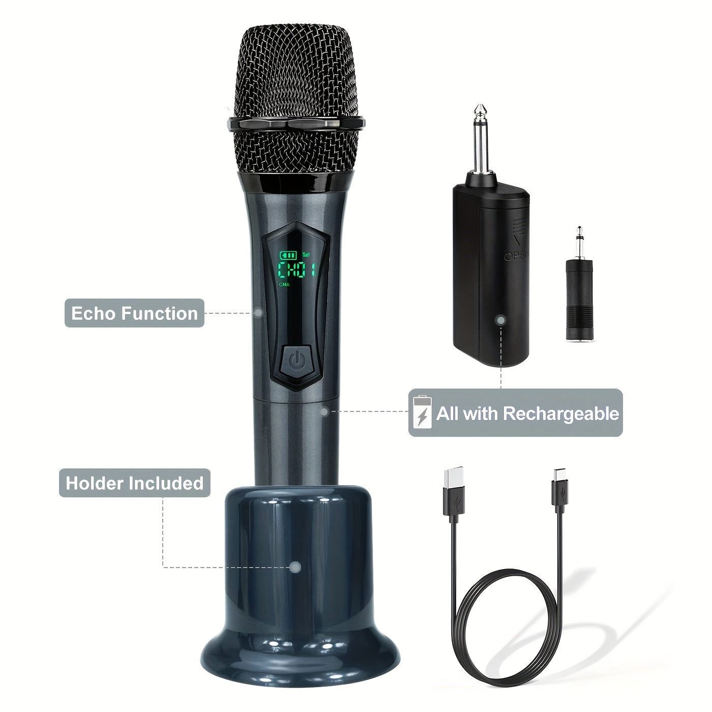 Micrófono inalámbrico de mano Heikuding 2.4GHz con función de eco, batería recargable, carga tipo-C, conector de 6,35 mm, incluye soporte y adaptador de 3,5 mm - Azul y negro, micrófono inalámbrico, mejora del rendimiento, diseño elegante, construcción d