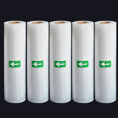 5 rollos de sellado al vacío Agashe, 3m cada uno, texturizados para un máximo de frescura, sin BPA, longitudes fáciles, perfectos para carne, verduras, frutas - Ideales para preparación de comidas y almacenamiento a largo plazo