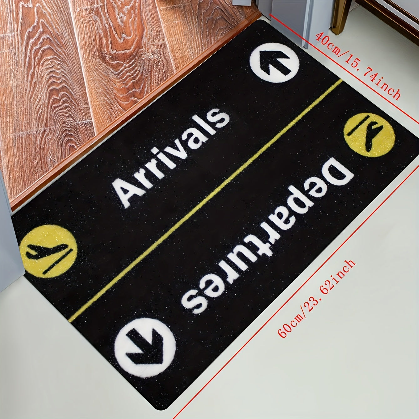 Alfombra de entrada con diseño de avión, 1 unidad, tema llegadas y salidas, felpa de cristal suave, lavable a máquina, negro con diseño de horario de vuelos en amarillo/blanco, rectangular, para entrada, sala, decoración para todo el año, decoración de a